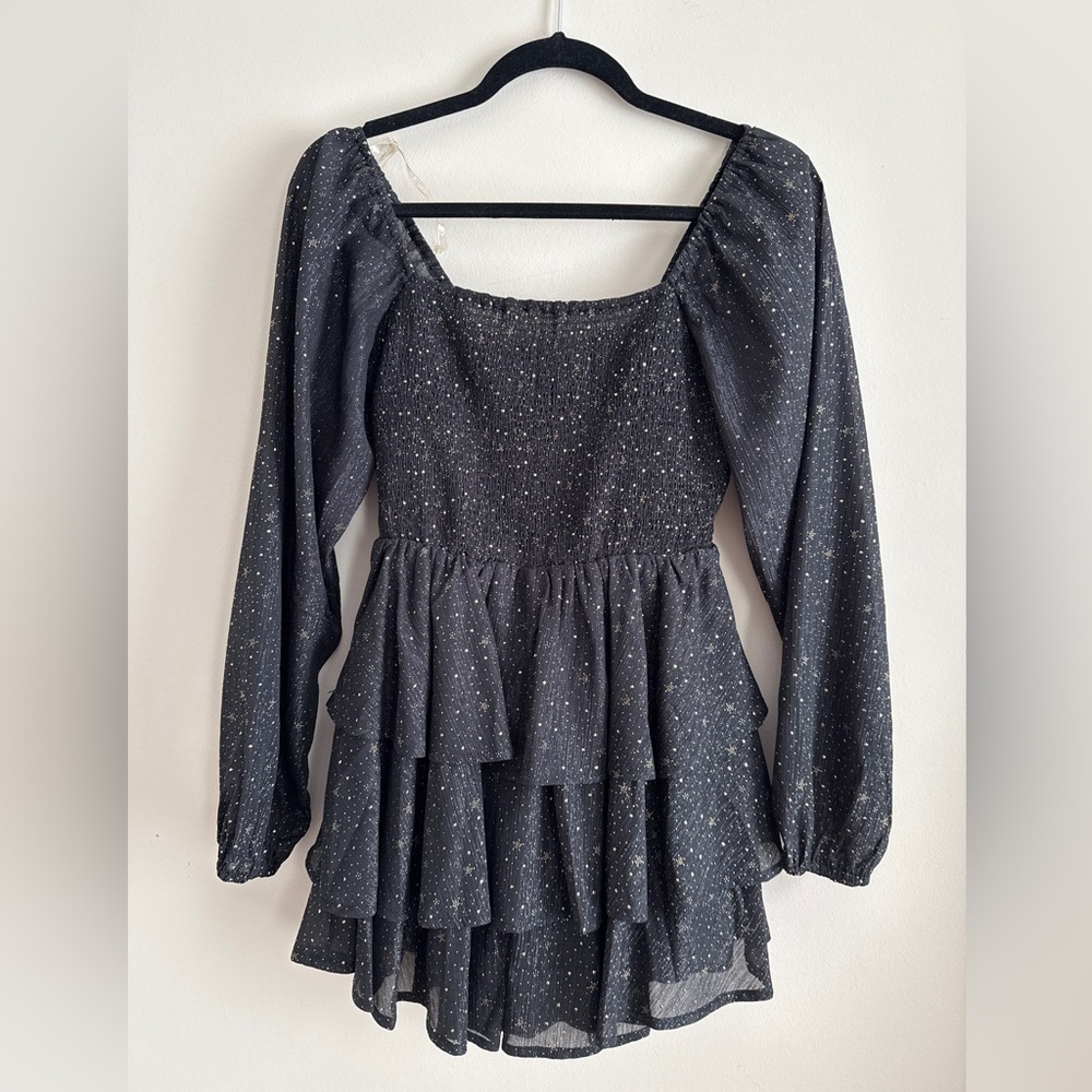 Chic Black Long Sleeve Romper with Gold Sparkles ✨